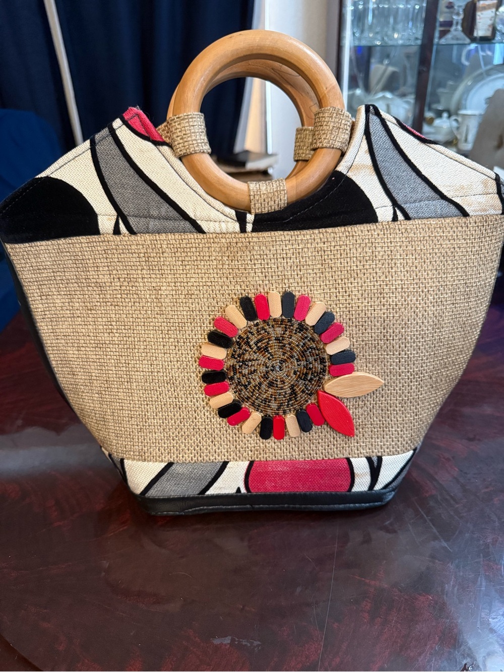 Woven Straw Tote Bag with Wooden Handles - Black, White & Red